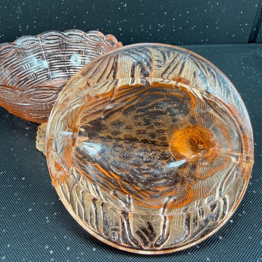 Heisey Hsinchu Glass Pink Bird on Nest Trinket Dish Basketweave 4x6 Vintage - Picture 6 of 15